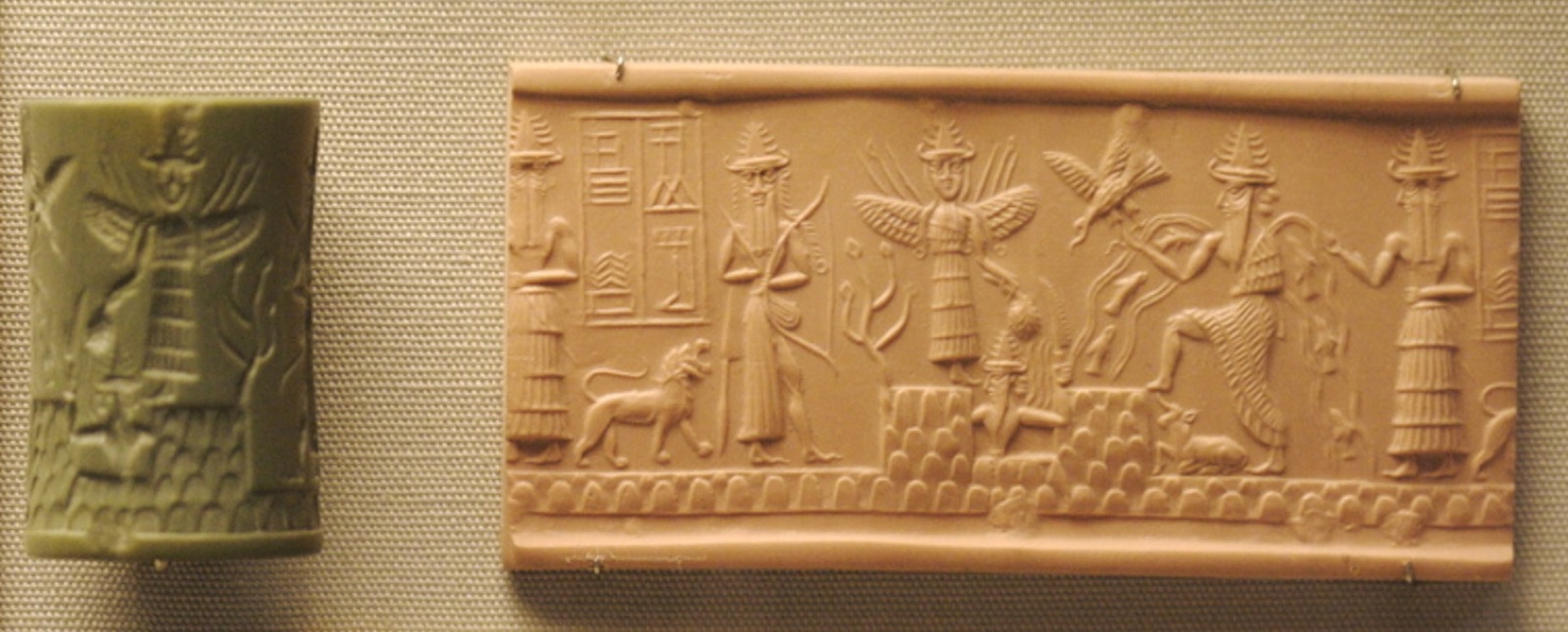 A Mesopotamian cylinder seal impression showing several gods