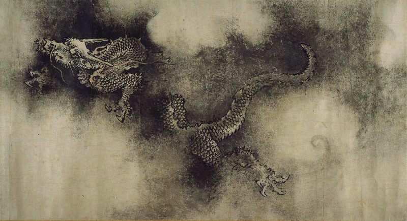 An ink painting of a scaled dragon twisting through clouds