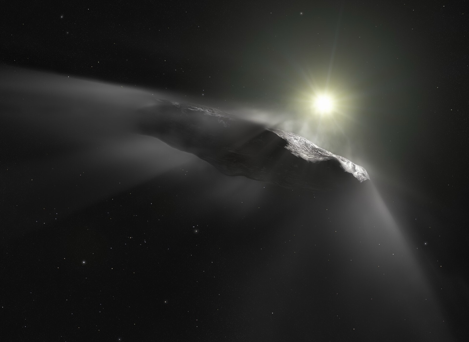Artist's impression of ʻOumuamua, a long dark reddish object