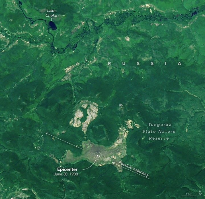 Satellite image of the Tunguska area with the 1908 epicenter marked